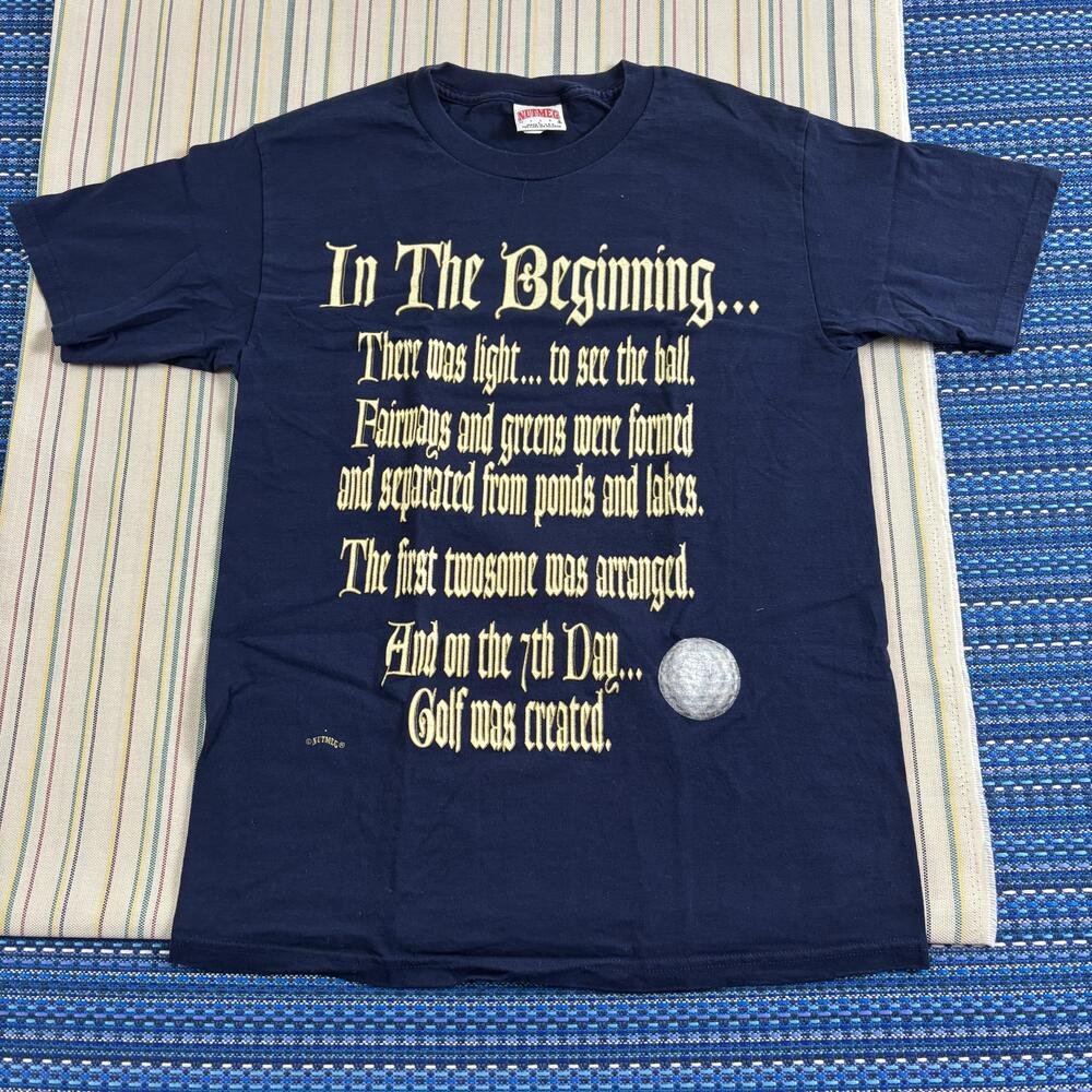 Vintage Nutmeg Mills Golf Shirt Mens Large Blue Made USA In The Beginning Tee EC
